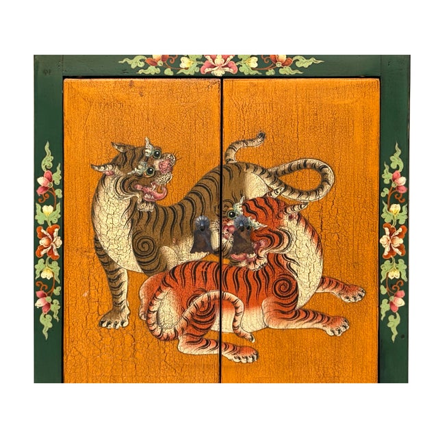 Asian Tibetan Style Green Orange Two Tigers End Table Nightstand For Sale - Image 3 of 8