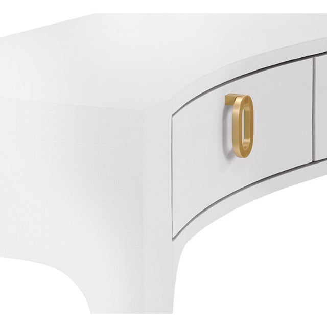 Not Yet Made - Made To Order Matthew Izzo Home Sabrina Textured White Linen Curved Front, Three Drawer Console Table With Glass Top and Satin Brass Ring Hardware For Sale - Image 5 of 9