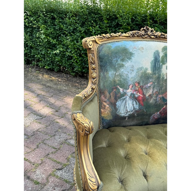 1960s 1960s Artisan Louis XVI Gold Beech Green Velvet Settee-1 Pc For Sale - Image 5 of 12