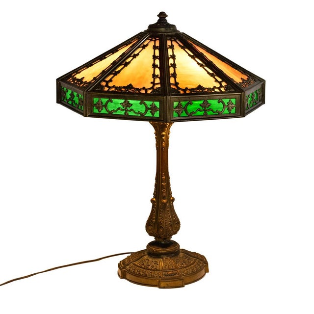 Arts & Crafts Antique American Arts & Crafts 3 Light Slag Glass Table Lamp by Miller Co. 1910 For Sale - Image 3 of 16