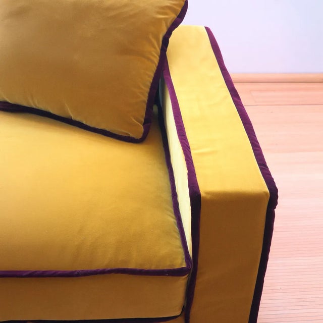 Rafaella Two-Seater Sofa in Mustard Yellow Velvet with Dark Red Trim from Biosofa For Sale - Image 6 of 9
