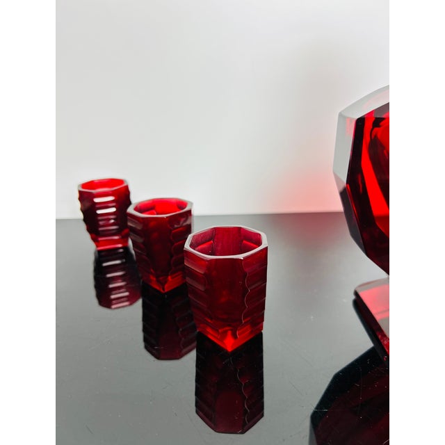 Red Art Deco Ruby Red Glass Decanter with Six Shot Glasses from Moser, Czechoslovakia, 1930, Set of 7 For Sale - Image 8 of 12