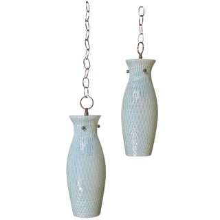1960s Italian Opalescent Glass Hanging Pendant Lights - a Pair For Sale