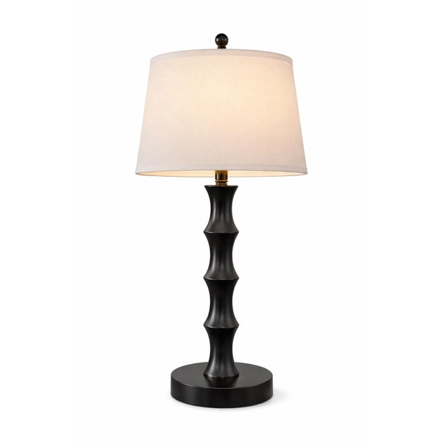 Wood Late 20th Century Mid-Century Style Turned Wood Table Lamps in Matte Black With Linen Shades - a Pair For Sale - Image 7 of 9