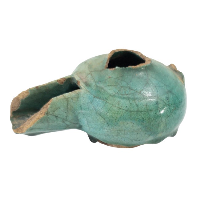 16th Century or Earlier Green Glazed Middle Eastern Pottery Oil Lamp For Sale