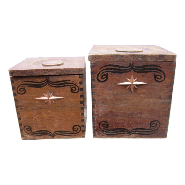 Vintage Wood Kitchen Canisters MCM Hand Carved Hardwood Japan CI Star Nesting Kitchen Storage Set of 2 For Sale