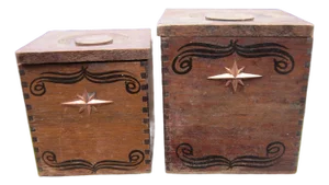 Vintage Wood Kitchen Canisters MCM Hand Carved Hardwood Japan CI Star Nesting Kitchen Storage Set of 2