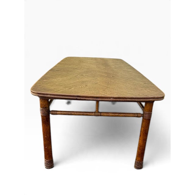 Vintage Faux Bamboo Fruitwood Cocktail Table With Geometric Veneer Top For Sale - Image 11 of 11