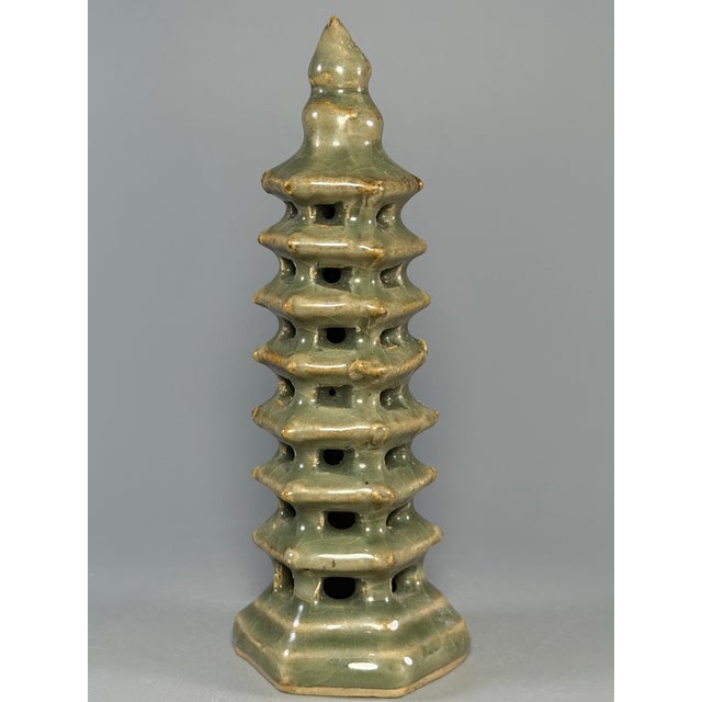 Antique Chinese Longquan Celadon Pagoda Ceramic Statue For Sale - Image 4 of 6