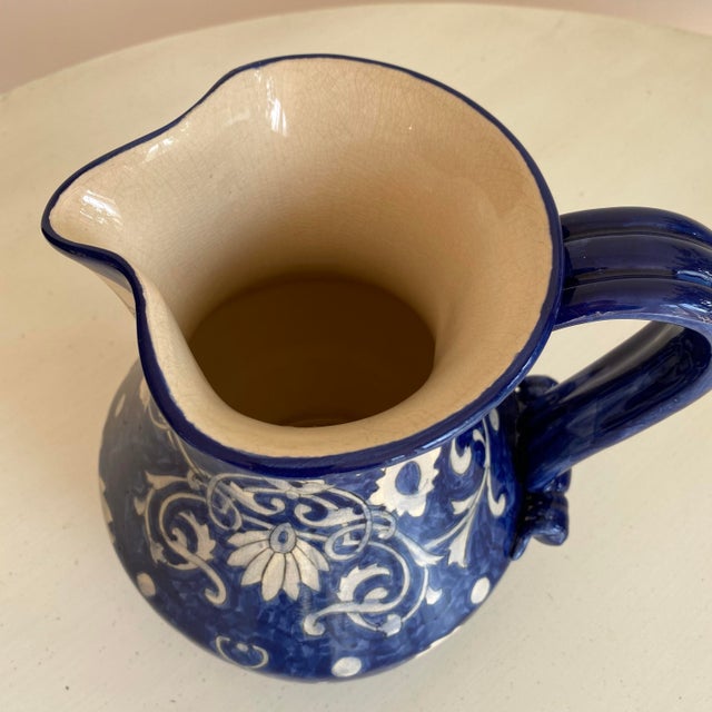 Rustic European Vintage 1990s Blue &White Ceramic Italian Hand Painted Pitcher For Sale - Image 3 of 8