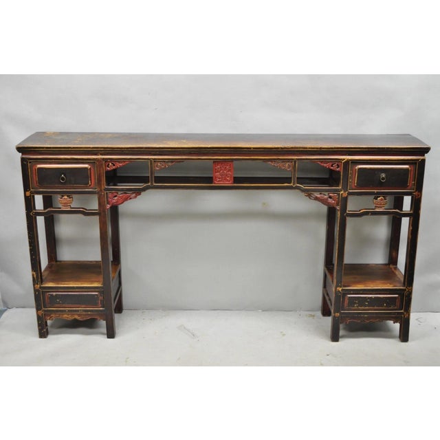 Chinoiserie Antique Chinese Carved Hardwood Altar Console Table Sideboard Buffet W/ Drawers For Sale - Image 3 of 18