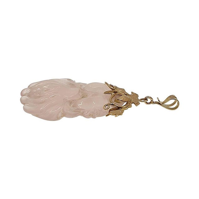 Estate 14K Gold Large Carved Rose Quartz Pendant. This estate rose quartz pendant is beautifully carved in a floral...