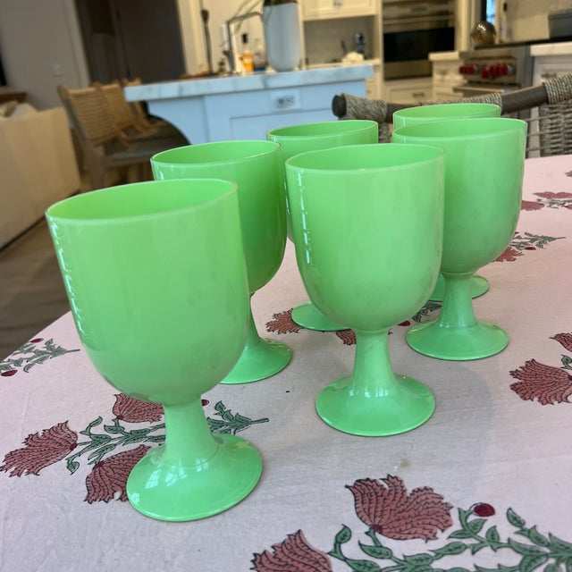 set of vintage Portieux Vallerysthal jade green opaline glass water or wine goblets, made in France circa 1920-1940s