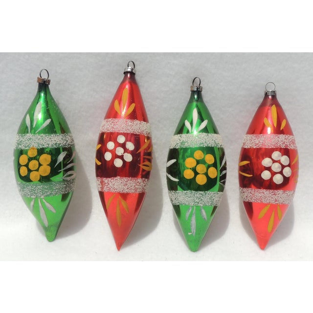 Glass Vintage 4.5" West Germany Red & Green Mercury Glass Hand Painted Teardrop Christmas Tree Ornaments - Set of 4 For Sale - Image 7 of 7
