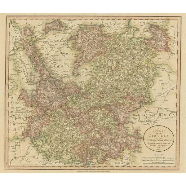 Antique map titled 'A New Map of the Circles of the Upper and Lower Rhine'. Antique map covering an area from Westphalia...