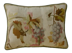 1800 Antique French Aubusson Tapestry Pillow With Grapes on Ivory Background - 20'' X 15''
