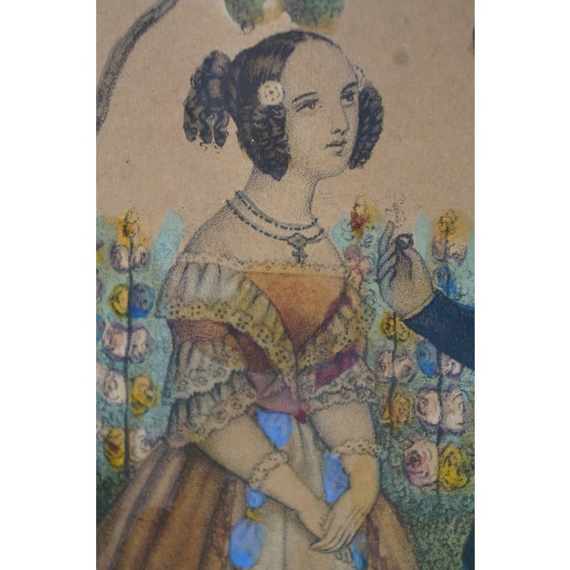 Pink Antique French Hand Colored Lithograph 'Le Cadeau' Romance Courting Scene Framed For Sale - Image 8 of 11