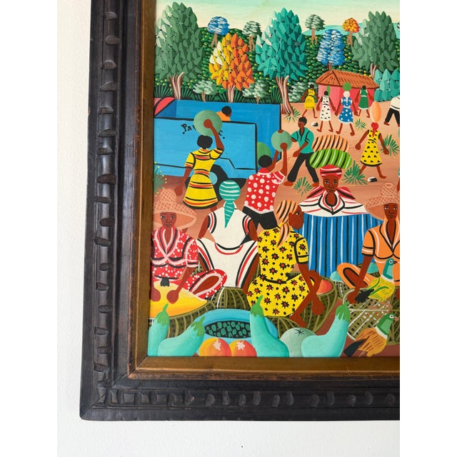 Wood M. Bazile Haitian Folk Art Market Scene Oil on Masonite Board – Framed For Sale - Image 7 of 12