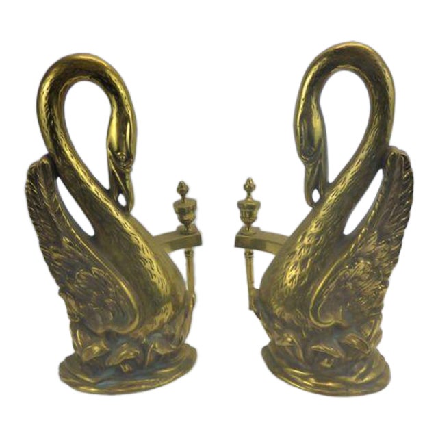 Vintage Brass Fireplace Swan Andiron Complete Set For Sale