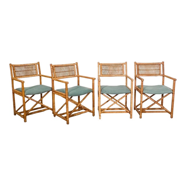 70's Rattan Wrapped McGuire Style Director's Chairs - Set of 4 For Sale