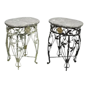 Vintage French Art Nouveau Wrought Iron Marble Top Painted Side Tables - a Pair