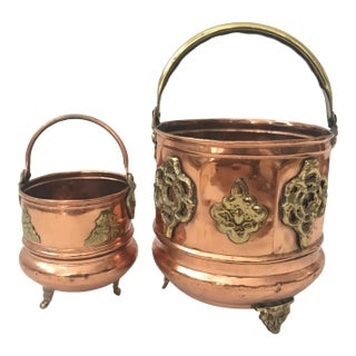 1960s Handle Footed Copper Brass Decorative Planters - a Pair For Sale
