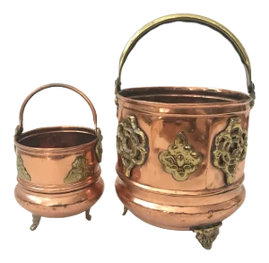 1960s Handle Footed Copper Brass Decorative Planters - a Pair