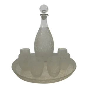 Mid 20th Century Frosted Glass Decanter Set With Tray- 8 Pieces