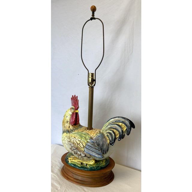 Wood Vintage Large Ceramic Rooster Lamp on Wood Base For Sale - Image 7 of 17