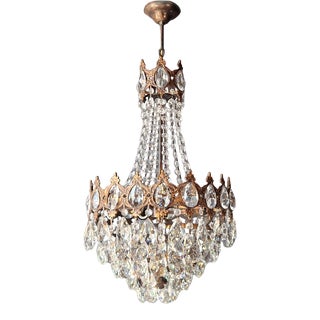 1970s Basket Brass Empire Crystal Lustre Art Nouveau Gold Chandelier For Sale