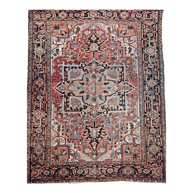 Vintage Heriz Serapi Rug, Hand-Knotted Wool, Geometric Medallion Pattern, Brick-Red & Blue, 9x12 For Sale