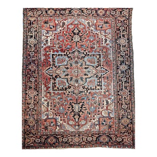 Vintage Persian Heriz Serapi Rug, Hand-Knotted Wool, Geometric Medallion Pattern, Brick-Red & Blue, 9x12 For Sale