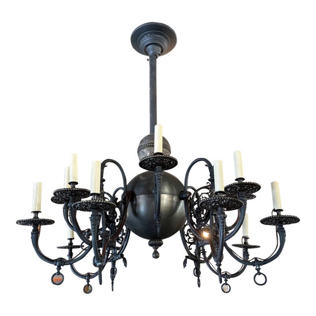 Vintage Brass 14 Arm Converted Gas Fixture For Sale