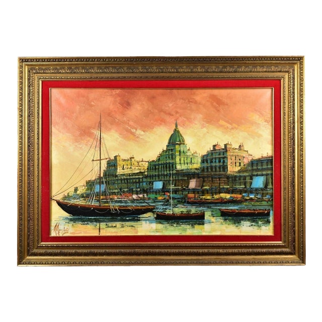 Mid 20th Century Andrew Apostoli Oil on Canvas Painting of Italian Harbor Cityscape For Sale