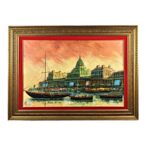 Mid 20th Century Andrew Apostoli Oil on Canvas Painting of Italian Harbor Cityscape
