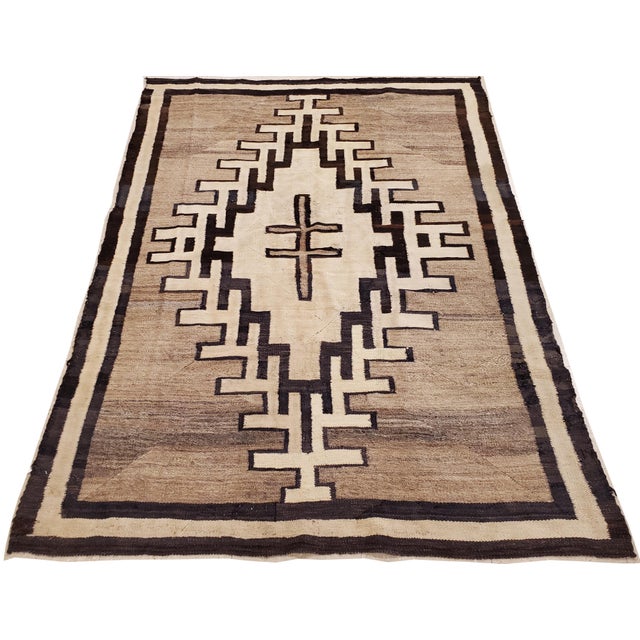 Late 19th Century Antique Navajo Carpet, Handmade Wool, Neutral colors, Ivory, Beige, Gray & Brown For Sale - Image 5 of 17