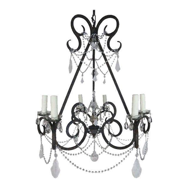 Six-Light Rock Crystal Wrought Iron Chandelier For Sale