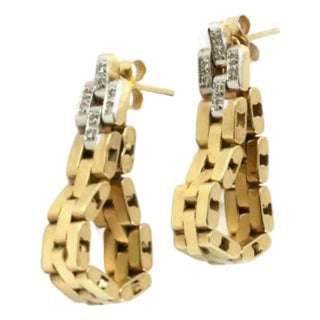 Diamond 14k Gold Link Long Dangle Chain Earrings For Sale