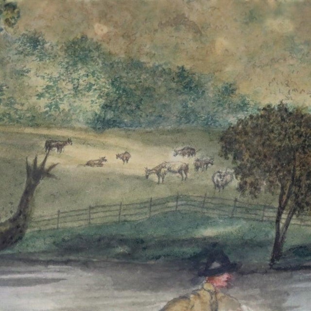 19th Century Antique Watercolor on Paper Landscape Painting With Figures 19thC For Sale - Image 5 of 12