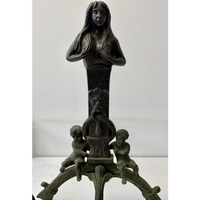 Mid 19th Century Cast Iron Figural Nude, Cherub and Lions Head Andirons For Sale - Image 4 of 12