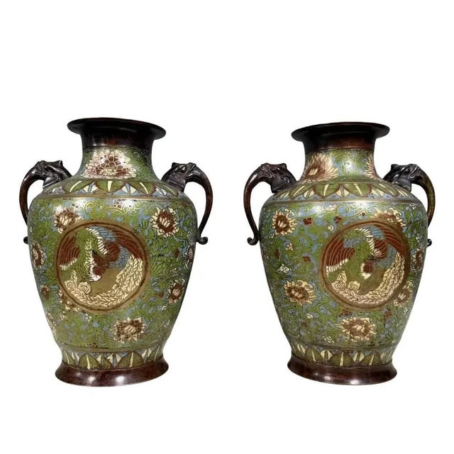 Metal Bronze Vases with Cloisonné Enamels, Set of 2 For Sale - Image 7 of 7