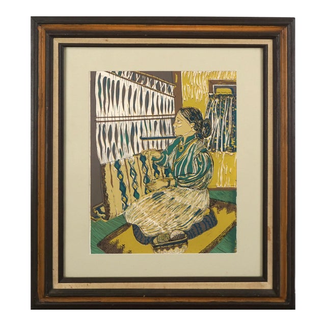Native American Figurative Woodblock -- the Weaver #3/12 by Virginia J Hughins For Sale