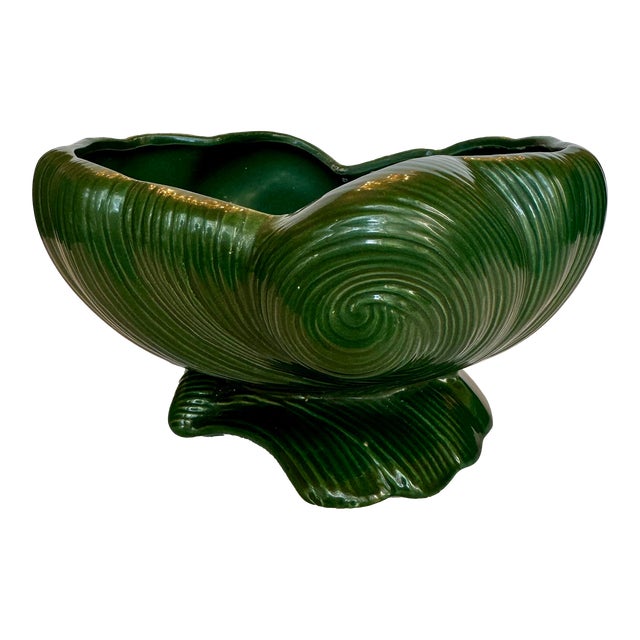 Vintage Art Deco Style Wavy Decorative Ceramic Bowl, Forest Green For Sale