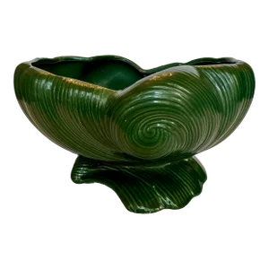 Vintage Art Deco Style Wavy Decorative Ceramic Bowl, Forest Green