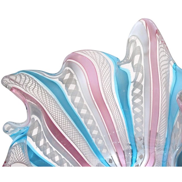 Murano Murano Fratelli Toso Vintage Pink White Blue Italian Art Glass Decorative Fazzoletto Flower Vase For Sale - Image 4 of 8