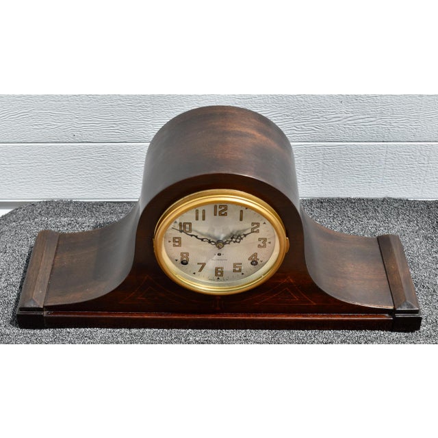 1930s Mahogany Seth Thomas Clock Plymouth Tambour Mantel Mechanical Chime Run 30's For Sale - Image 5 of 17