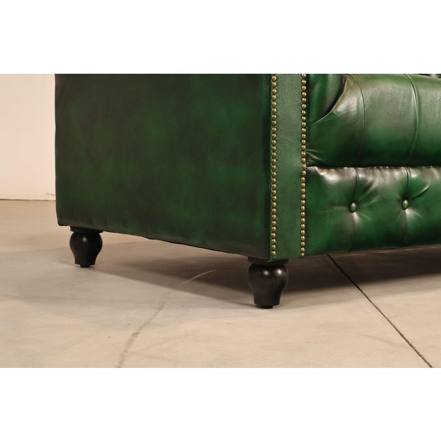 Chesterfield Style Green Leather Sofa For Sale - Image 9 of 16