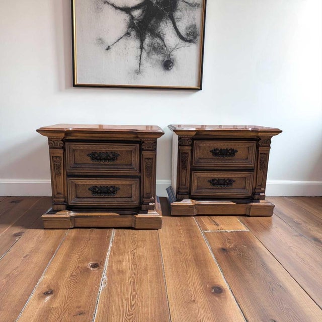 Pair of Vintage Carved Wood Two-Drawer Nightstands For Sale - Image 12 of 18