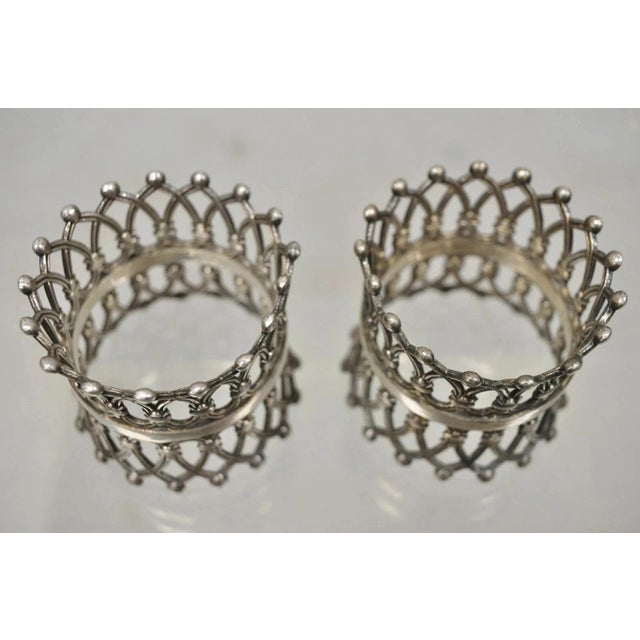 Early 20th Century Antique English Victorian Silver Plated Fretwork Crown Napkin Rings - A Pair For Sale - Image 5 of 8