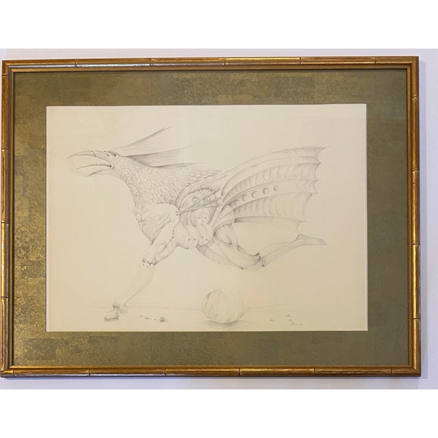 Mid 20th Century French Surrealist Graphite Drawing Hybrid Creature Dated 1974 Attri. Antoine Duc For Sale - Image 5 of 5